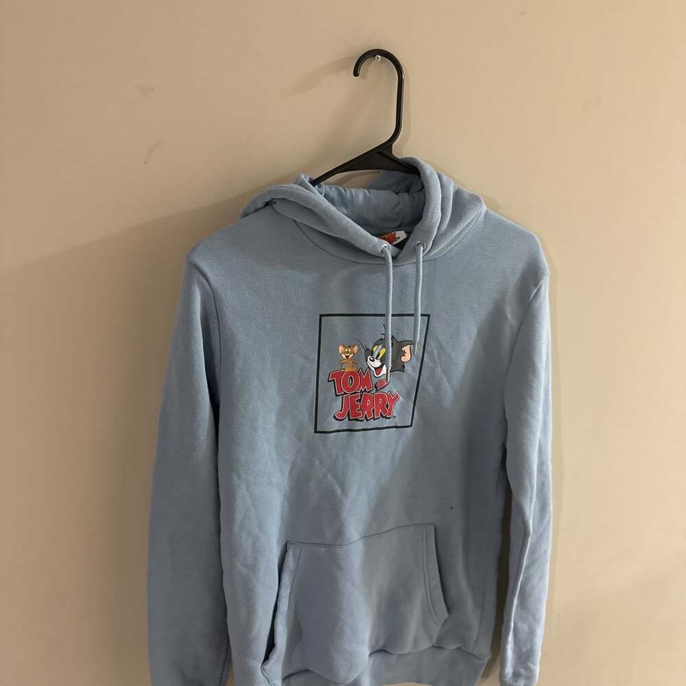 Tom & Jerry Light Blue Graphic Hoodie Sweatshirt with Kangaroo Pocket